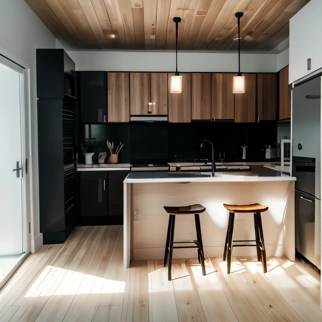 Kitchen interior design in modern style, cooking and dishwashing area, refrigerator, kitchen with 4-person table and chairs, ceiling lights, plant pots, wooden floors, (black wood furniture), frames painting, lights, day, 8k uhd , DSLR, soft light, high quality, film grain, Fujifilm XT3