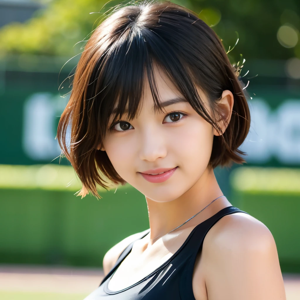 Best-quality, Masterpiece, Ultra-High-Resolution, (Photorealistic:1.4), Raw-Photo, 1girl, the most famous Japanese idol, wearing tennis-wear with cute-design, (extremely cute face, ((extremely beautiful big-black-eyes)), extremely beautiful black-short-cut-haired), extremely beautiful skins, extremely beautiful long-eyelashes, extremely beautiful lips, detailed tennis-wear-with-cute-design, twinkle-smile