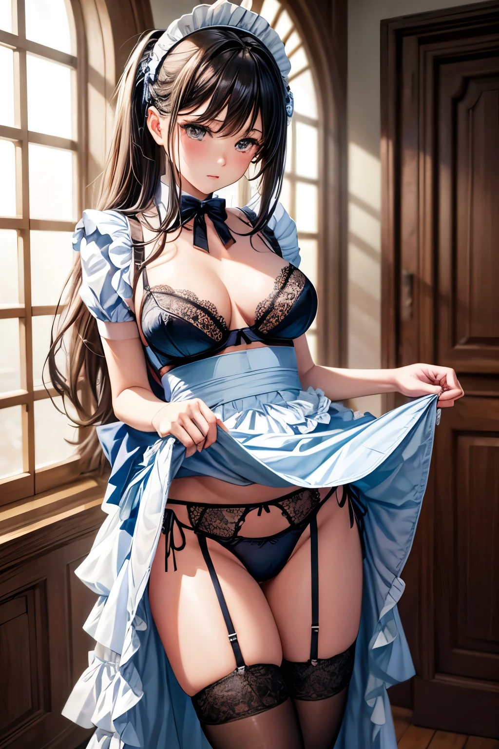 the woman is wearing a Maid clothes standing up on the floor, solo, panties, underwear, skirt, lacy black and light blue panties, side-tie panties, satin panties, lying, thighhighs, garter belt, skirt lift, shirt lift, show off bra, show off panties, realistic
