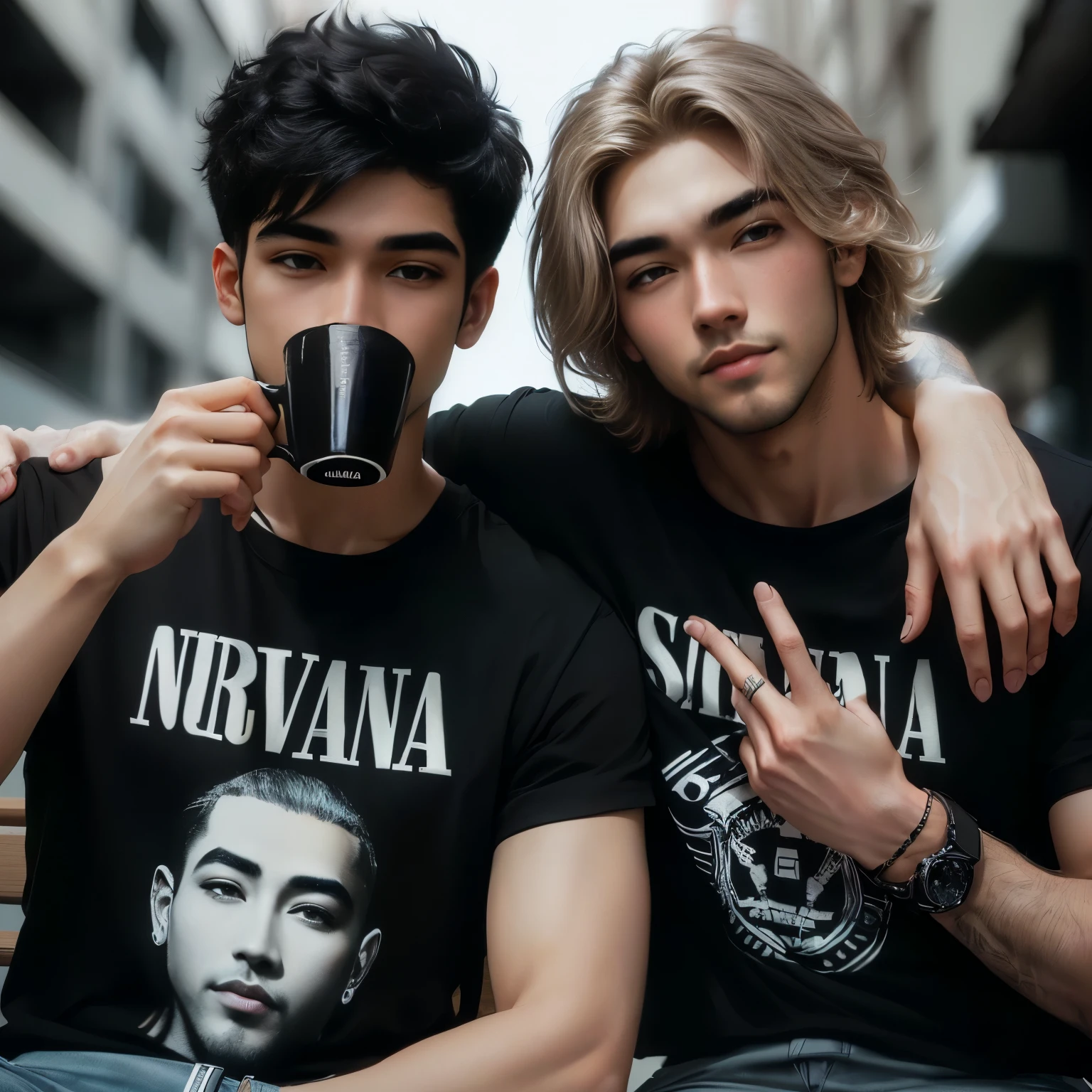 two men sitting on a bench drinking coffee and posing for a picture, nirvana, nick silva and ilya kuvshinov, outlive streetwear collection, wearing a black tshirt, wearing black tshirt, wearing a black t-shirt, alex miranda, he is wearing a black t-shirt, jin shan and ross tran, with pop punk style, wearing a black shirt