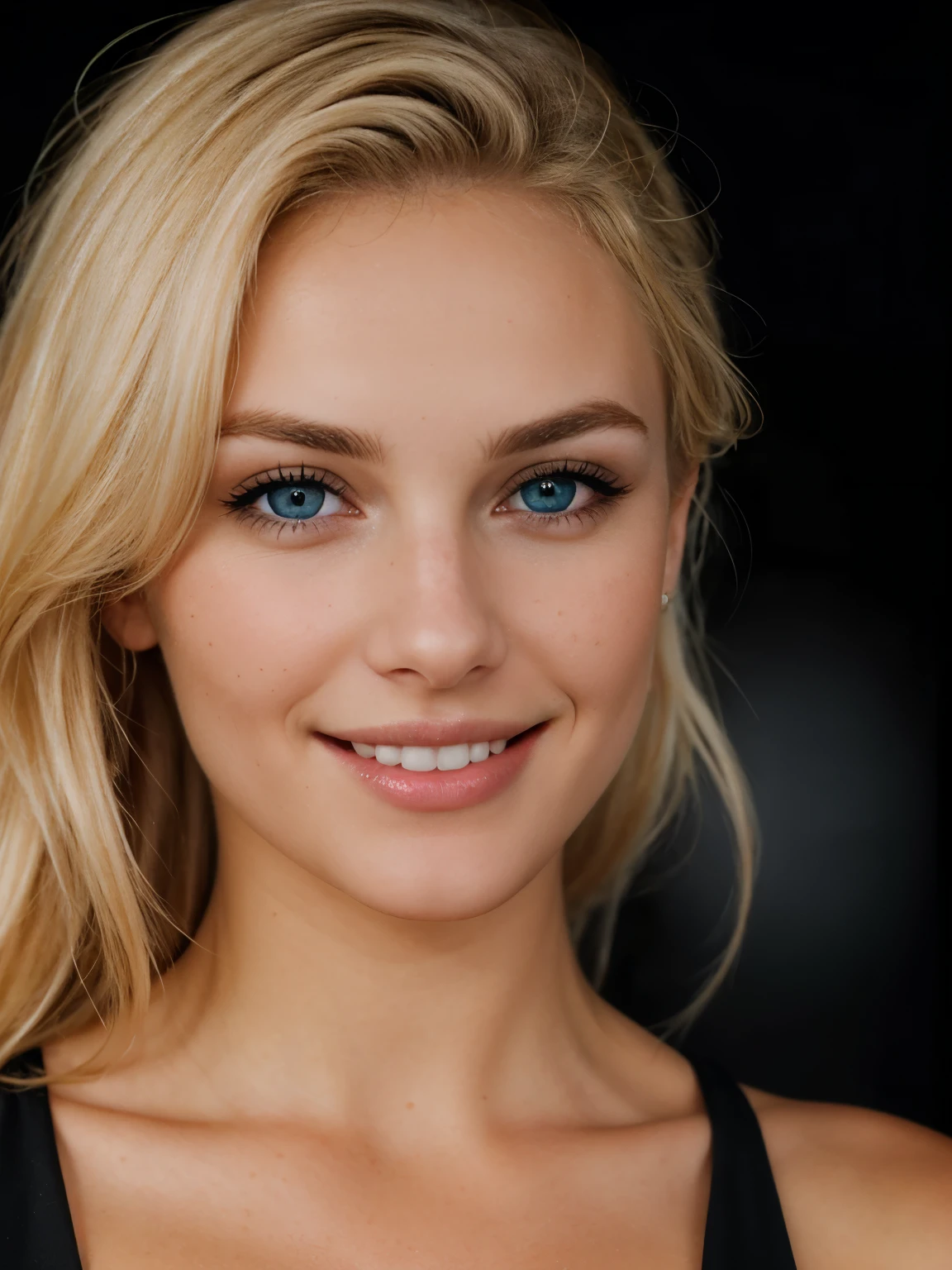 Close-up photo of a blonde with perfect eyes, dark upper body, smile, dark background looking straight into the camera
