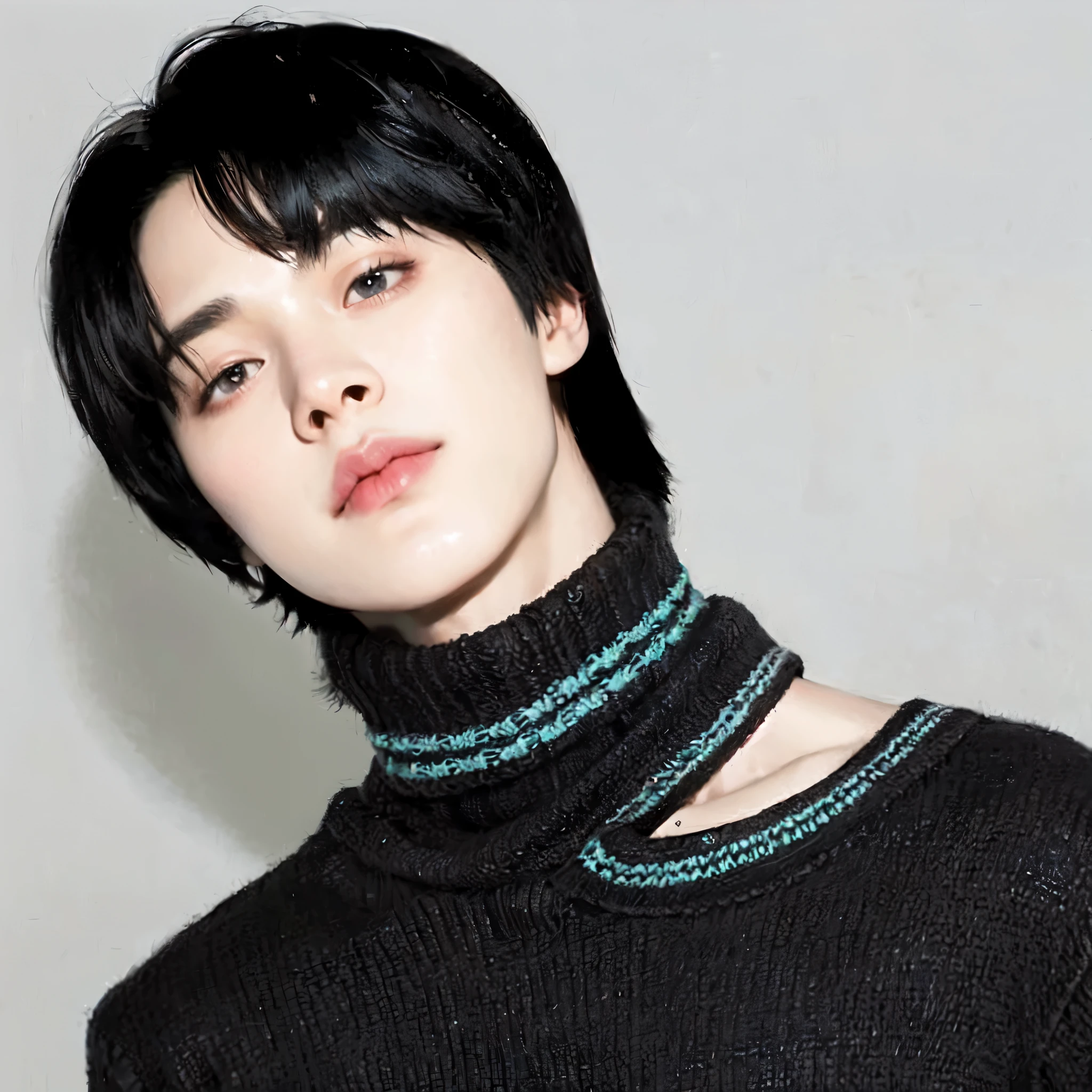 a closeup of a person wearing a black sweater and a scarf around his neck, kim doyoung, Jimin, Jung Jaehyun, park Jimin, hyung tae, kim taejin, jinyoung shin, Jimin\his right eyelid is swollen, yoongi de pelo negro, hong junio hyung, Jimin\los labios carnosos, Jimin\'s grecian nose, El chico tiene el pelo negro corto., jia