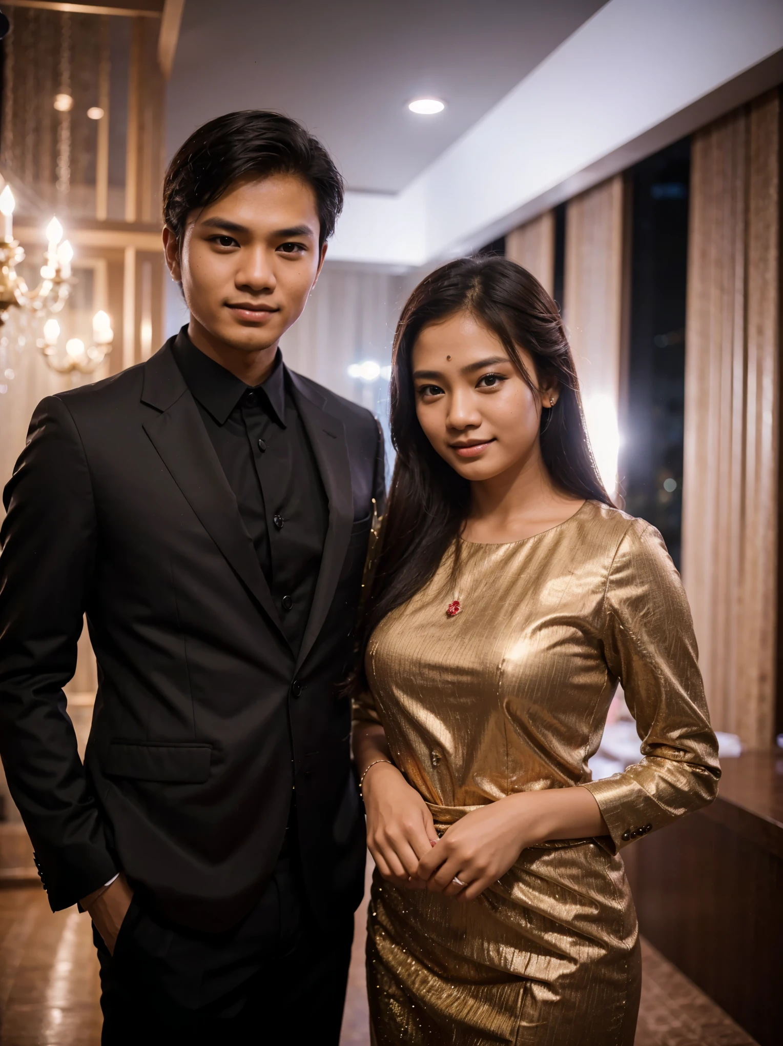 photo of a young couple from Indonesia in formal clothes taking a photo together at a party at night. photography, super detailed, realistic, ultra HD, 8K Resolution, facial details.