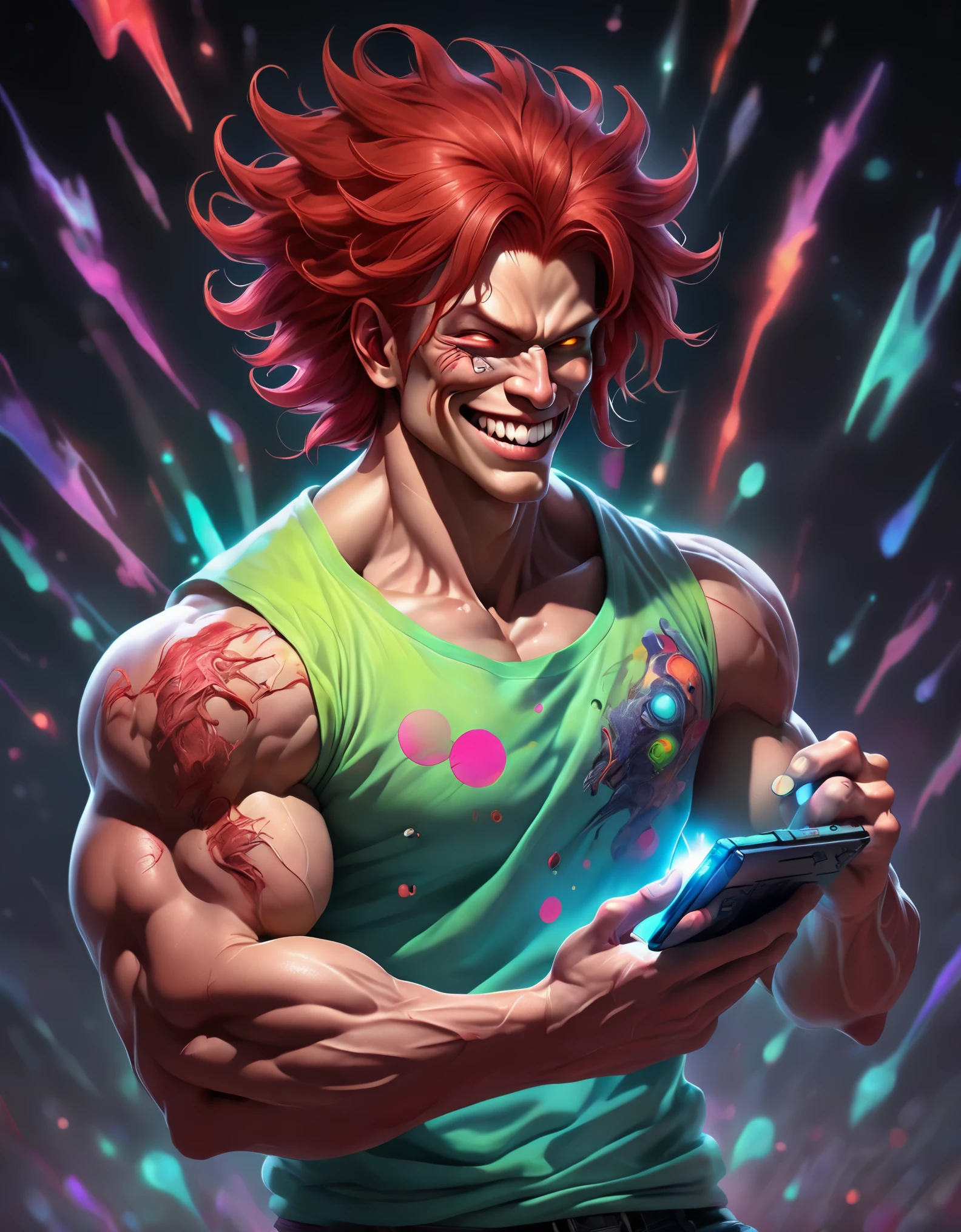 "A neon-lit fantasy world comes to life on your t-shirt, as an undead man plays his 3ds with surreal precision. The cosmic colors and detailed rendering will transport you to another dimension."Yujiro Hanma,serene smile,detailed red hair,muscular body,tough expression,intimidating presence,powerful stance,showcasing his immense strength"
