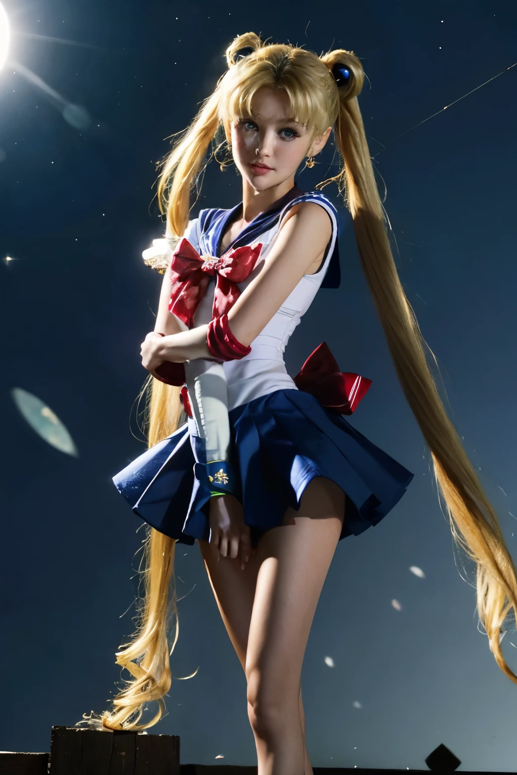 very delicate、High resolution、blonde hair、twin tails，sailor moon，sailor uniform，1 female、19 year old girl、very beautiful face、blue eyes，アニメsailor moonのsailor moon、cute、Magical girl，blue pleated skirt，white sailor suit，sailor warrior costume，Face only photos，big eyes、long eyelashes