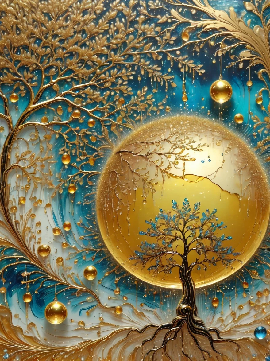 （best quality，4k，masterpiece：1.2），super detailed，lifelike:1.37，beautiful symmetrical photos，Apply with thick brush strokes and wet paint, Proportions of gold, melted wax |, visible strokes, surrounded by crystal ball, Mosaic wireframe 3d, neuroimaging, Neurons, The Tree of Life, rape, like, enthusiasm, oil painting on canvas, thick strokes, Very detailed, 8K Ultra HD, masterpiece, art station, surreal