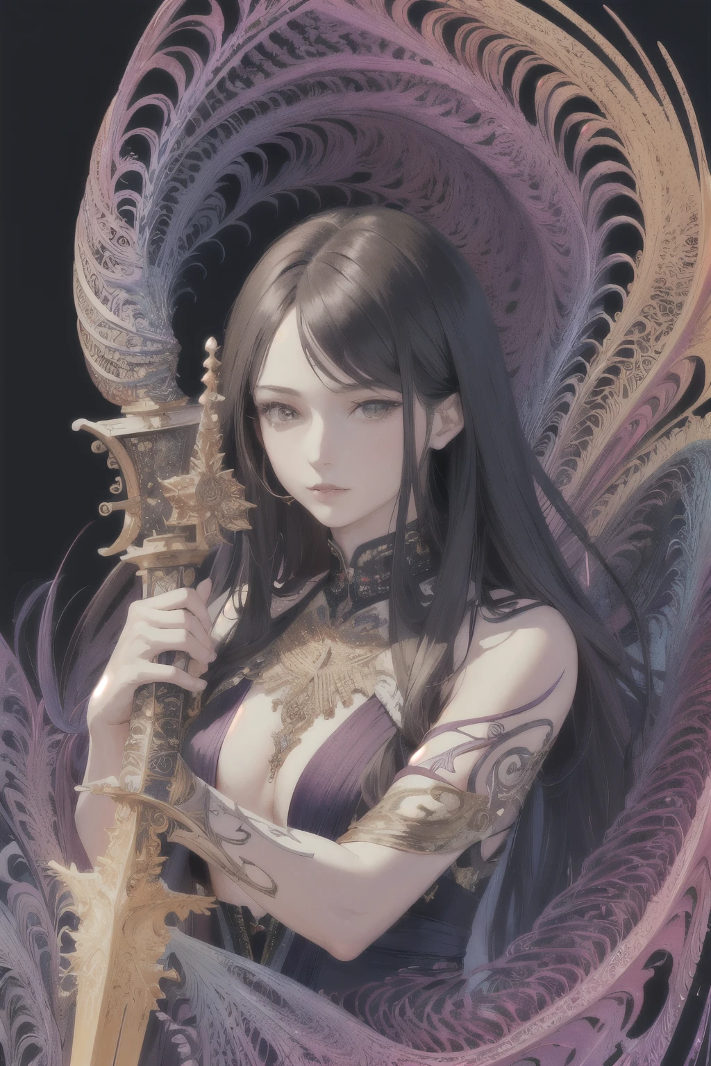 (masterpiece, top quality, best quality, official art, beautiful and aesthetic:1.2), (1man), extreme detailed,(fractal art:1.3),colorful,highest detailed,Holding a sword