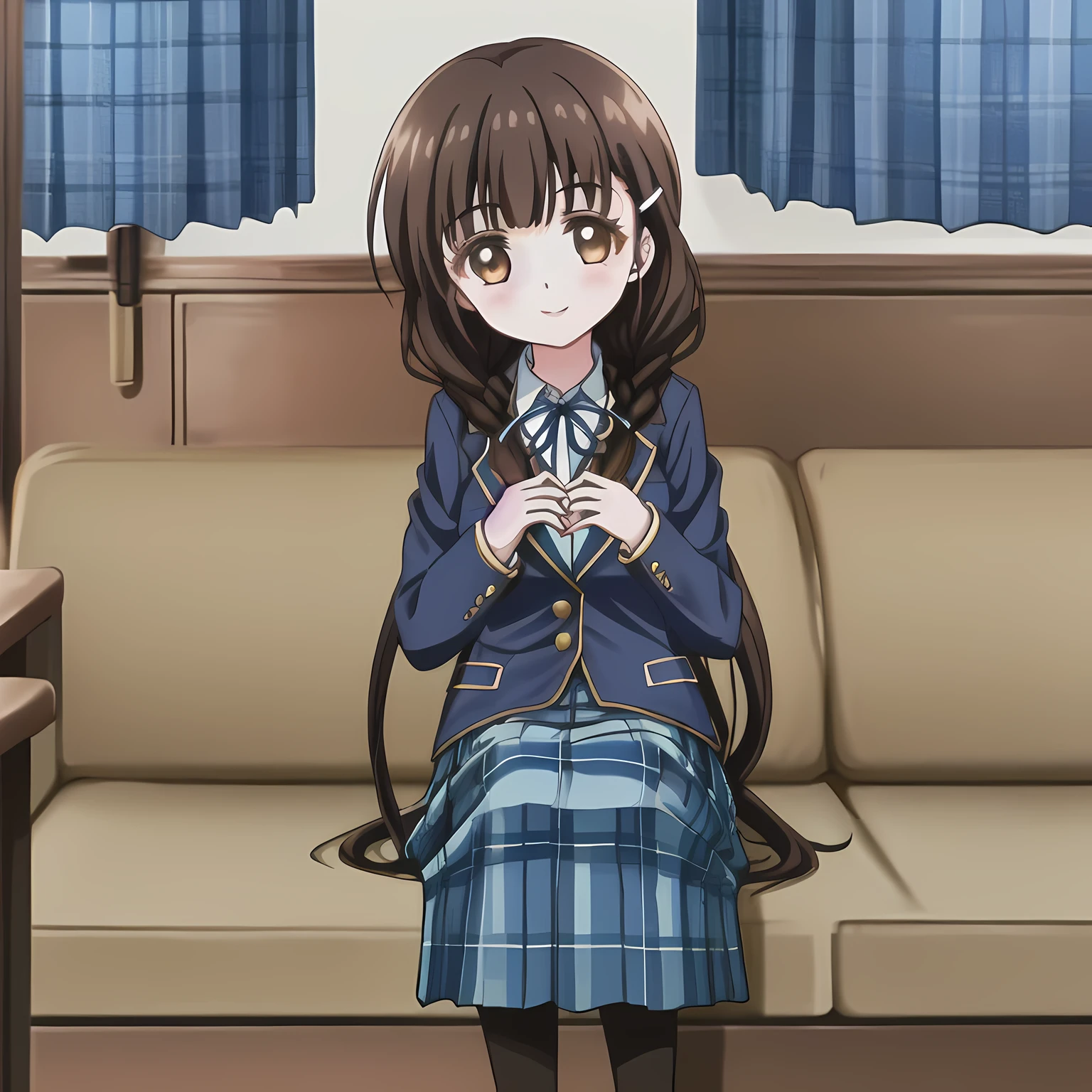 highest quality, (masterpiece:1.2), very detailed, A girl sitting looks at the viewer and smiles, Glossy lips that make you want to kiss, nice smile, big brown eyes, (((dark brown hair))), 15 years old, long braids, big shiny hair clip, school uniform, ((Light dark blue blazer with golden emblem on the left chest)), ((Big red school ribbon on the chest)), very shiny hair、laughter、bright look、Both face and hair catch the light and shine, The corners of the eyes are drooping, Cute braids, The expression of a maiden in love, (((twin braid hairstyle))), ((((Dark blue and navy tartan check mid-length skirt)))), A gentle and cute expression staring at the viewer, double eyelid, ((long eyelashes)), pure white background, round face, the skirt is very cute, brown leather shoes