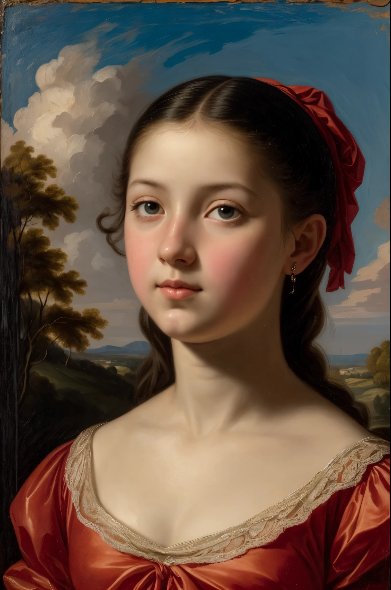 (front, solo portrait): 1 Cute young girl (in the style of José de Ribera, Kavarajism), [Background: landscape nature France(in the scarlet sunset)  in the style of Francois Boucher], baroque, mist, very colorful, ((Palette / palette knife, oil painted)), style, teal, ((tmasterpiece)), Single Shot, Impression ,extreme hight detail, perspective, 8K