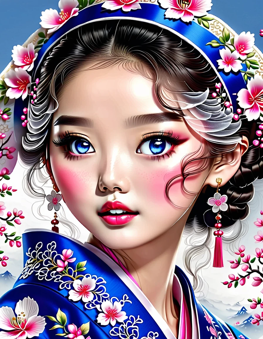 The flying veil covers the beautiful face of the Chinese girl, Pearl earrings, long eyelashes and pink lips, face close-up, clean face, round chin, blue eyes, Blue embroidered hanbok, White background.
illustration, 3d rendering, Bright colors and exquisite details, as illustration poster, 2D game art style, Color proofing, HD, 32k ,Genji