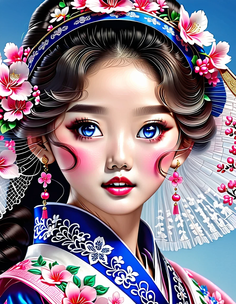 The flying veil covers the beautiful face of the Chinese girl, Pearl earrings, long eyelashes and pink lips, face close-up, clean face, round chin, blue eyes, Blue embroidered hanbok, White background.
illustration, 3d rendering, Bright colors and exquisite details, as illustration poster, 2D game art style, Color proofing, HD, 32k ,Genji