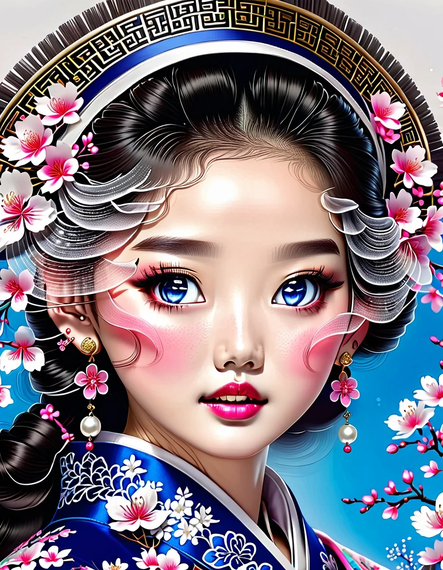 The flying veil covers the beautiful face of the Chinese girl, Pearl earrings, long eyelashes and pink lips, face close-up, clean face, round chin, blue eyes, Blue embroidered hanbok, White background.
illustration, 3d rendering, Bright colors and exquisite details, as illustration poster, 2D game art style, Color proofing, HD, 32k ,Genji