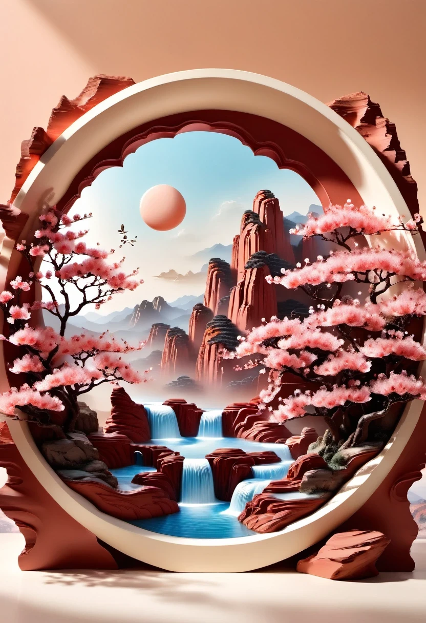 (masterpiece, high quality, best quality, official art, Beauty and Aesthetics: 1.2), milk tea cup, Surrounded by red rocks, splash spray, (Chinese landscape paper sculpture, Chinese Song Dynasty landscape painting: 1.2), (Surreal dream style), Creamy organic liquid, light tracing, environmental shielding, hazy, Natural light, limestone, gel resin sheet, OC rendering, (Peach blossom forest background: 1.4),