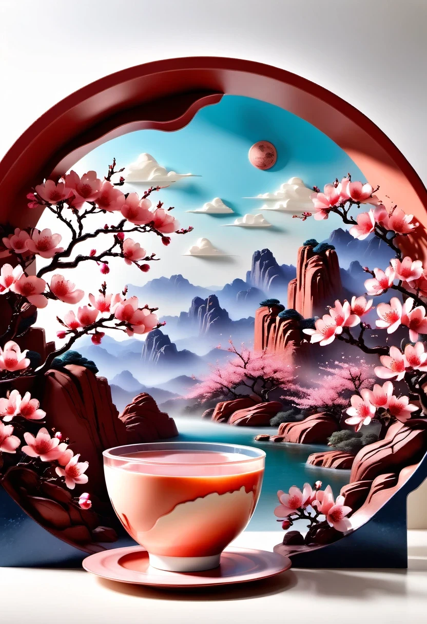 (masterpiece, high quality, best quality, official art, Beauty and Aesthetics: 1.2), milk tea cup, Surrounded by red rocks, splash spray, (Chinese landscape paper sculpture, Chinese Song Dynasty landscape painting: 1.2), (Surreal dream style), Creamy organic liquid, light tracing, environmental shielding, hazy, Natural light, limestone, gel resin sheet, OC rendering, (Peach blossom forest background: 1.4),