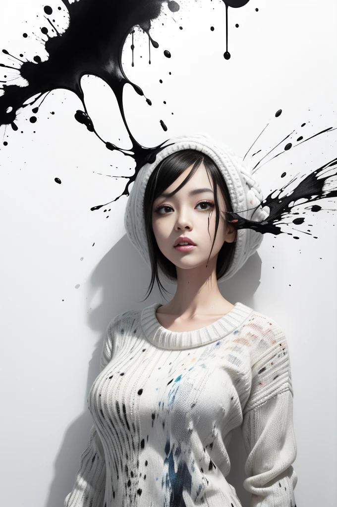 Ink Splatter:
(Surrealistic art、Impressionistic、Abstract、Chaotic、Creative、
(Brush stroke、Splatter technique、Black ink、Messy、Smeared、))
(Canvas or paper、Wet ink、(Mixed media、 unwiped brush、Splash effect、))
Ink Splatter art:
1.4, Ink painting, Artistic expression, Splatter technique:1.2, Abstract art, Messy detail:1.3,
Wet ink brush stroke:1.1, Chaotic and creative:1.4, Brush tip:1.2, Expressive brush, 1woman in (white knit tops:1.5), gigantic breasts