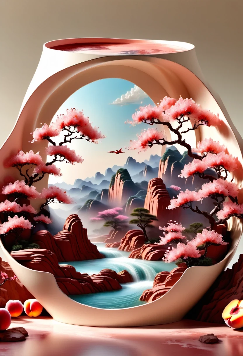 (masterpiece, high quality, best quality, official art, Beauty and Aesthetics: 1.2), milk tea cup, Surrounded by red rocks, splash spray, (Chinese landscape paper sculpture, Chinese Song Dynasty landscape painting: 1.2), (Surreal dream style), Creamy organic liquid, light tracing, environmental shielding, hazy, Natural light, limestone, gel resin sheet, OC rendering, (Peach blossom forest background: 1.4),
