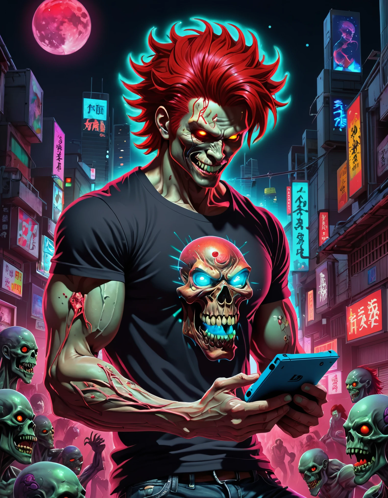 "A neon-lit fantasy world comes to life on your t-shirt, as an undead man plays his 3ds with surreal precision. The cosmic colors and detailed rendering will transport you to another dimension."Yujiro Hanma,serene smile,detailed red hair,muscular body,tough expression,intimidating presence,powerful stance,showcasing his immense strength"