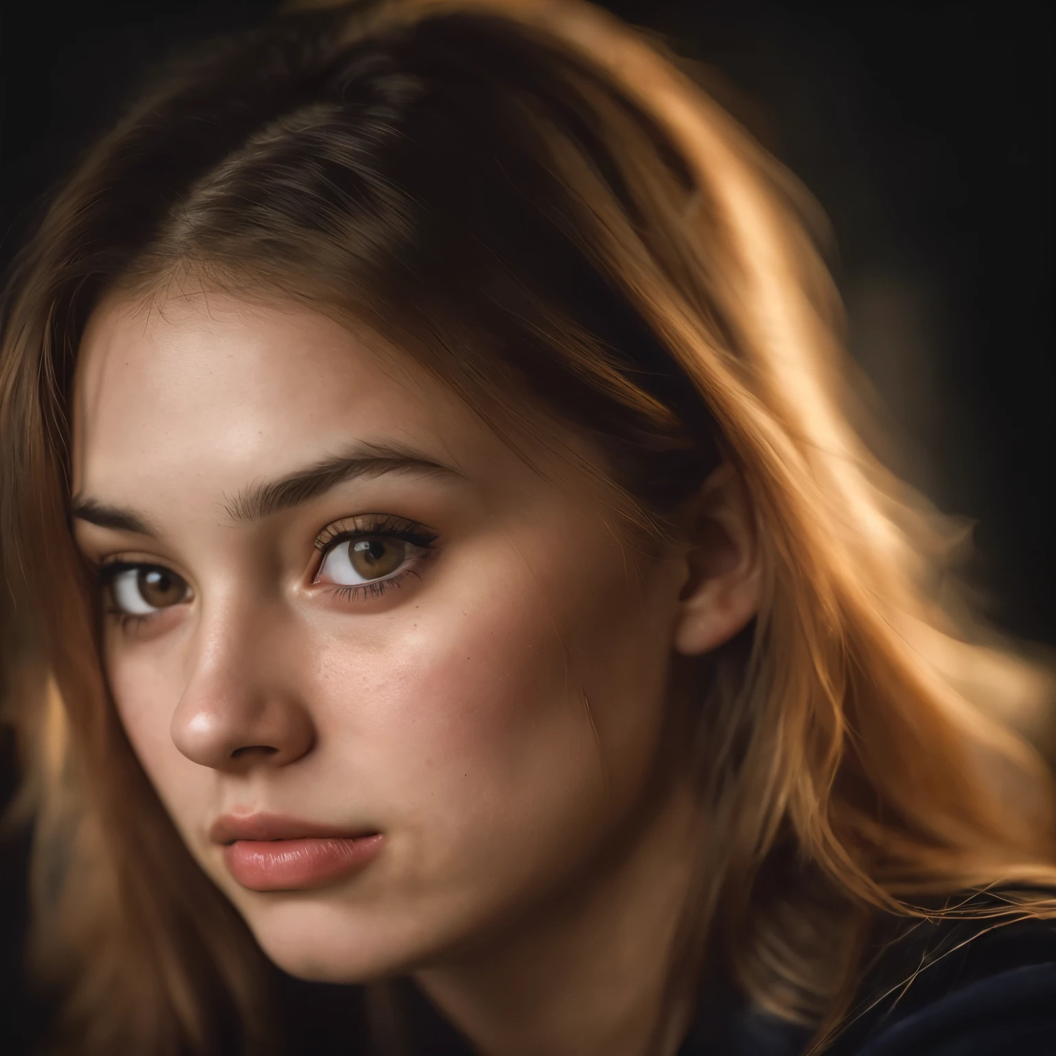 (close, Editorial photo of a 21 year old woman), (highly detailed face:1.4) (smile:0.7) (background in the dark, Looks grumpy, private school:1.3) throw, Written by Lee Jeffries, Nikon D850, film stock photography ,4 Kodak Portra 400 ,camera f1.6 lenses ,rich colors ,surreal ,Realistic texture, dramatic lighting , Cinestill 800,