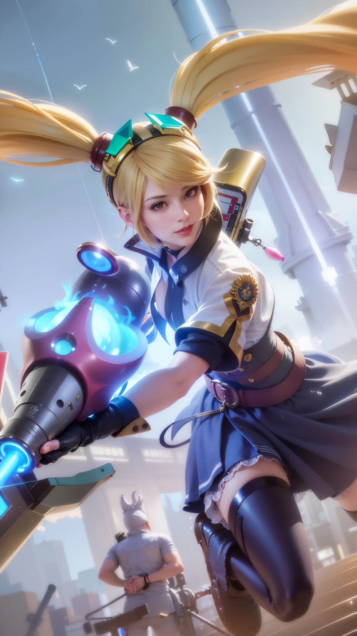 (female:1.2), 8k, ultra hd, ultra detailed texture, hyper realistic, masterpiece, detailed texture, detailed face, detailed skin, detailed lighting, (photorealistic:1.5), best quality, beautiful lighting, cinematic lighting, professional lighting, ultra highres, realistic, detailed hair, real hair, high quality, (realskin:1.5), extremely detailed, finely detail, ultra-detailed, 1girl, close-up shot of a woman with a gun in her hand, smile, cute face, red lips glossy