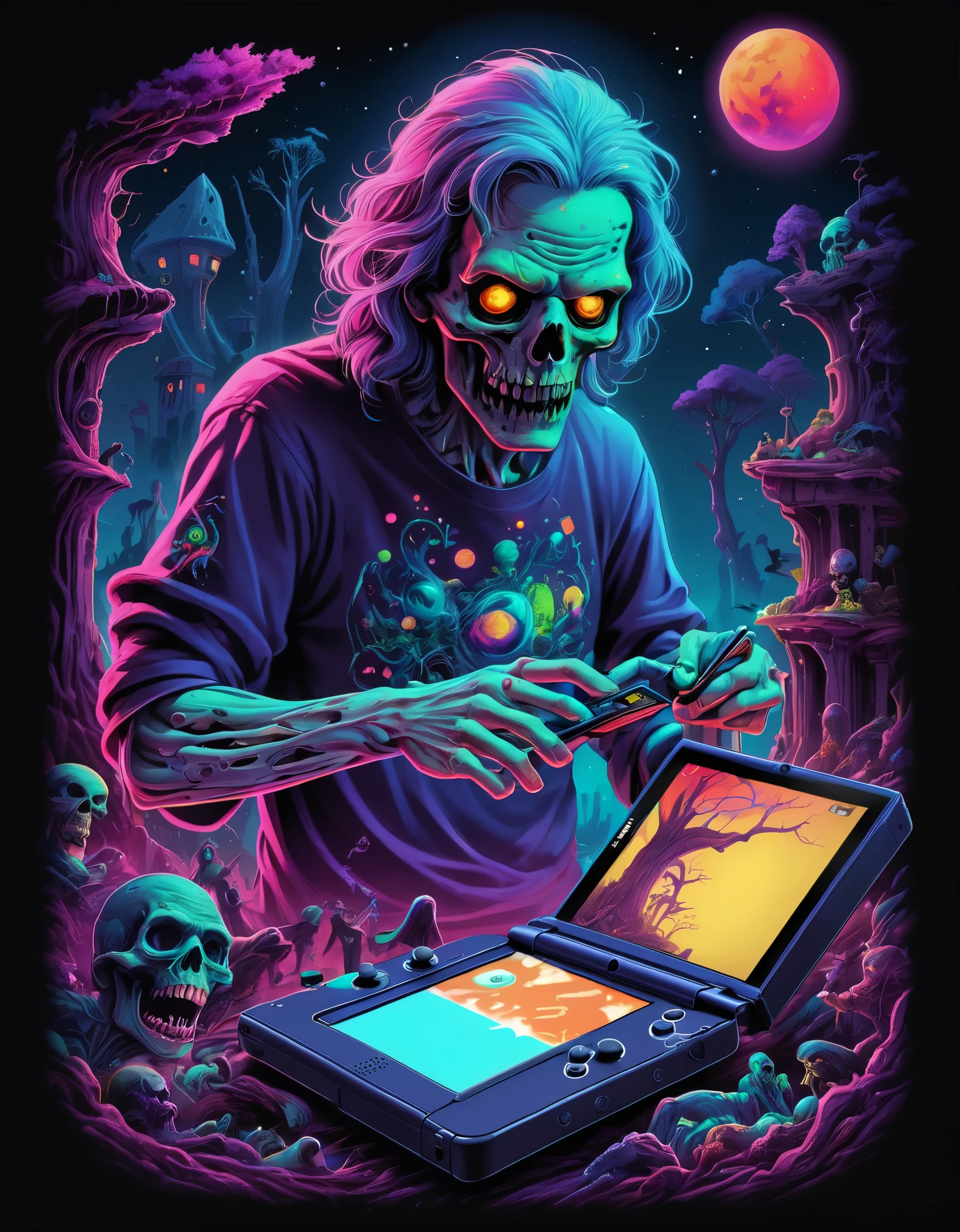 "A neon-lit fantasy world comes to life on your t-shirt, as an undead man plays his 3ds with surreal precision. The cosmic colors and detailed rendering will transport you to another dimension."