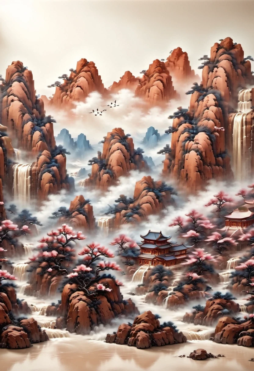 (masterpiece, high quality, best quality, official art, Beauty and Aesthetics: 1.2), milk tea cup, Surrounded by red rocks, splash spray, (Chinese landscape paper sculpture, Chinese Song Dynasty landscape painting: 1.2), (Surreal dream style), Creamy organic liquid, light tracing, environmental shielding, hazy, Natural light, limestone, gel resin sheet, OC rendering, (Peach blossom forest background: 1.4),
