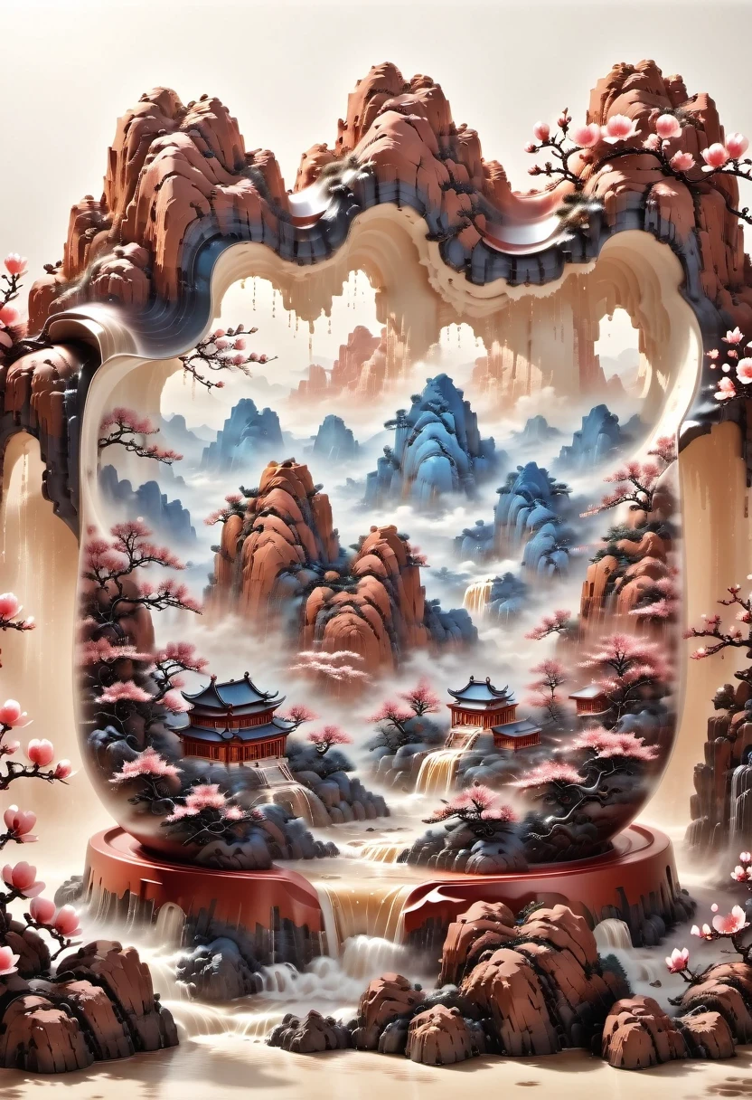 (masterpiece, high quality, best quality, official art, Beauty and Aesthetics: 1.2), milk tea cup, Surrounded by red rocks, splash spray, (Chinese landscape paper sculpture, Chinese Song Dynasty landscape painting: 1.2), (Surreal dream style), Creamy organic liquid, light tracing, environmental shielding, hazy, Natural light, limestone, gel resin sheet, OC rendering, (Peach blossom forest background: 1.4),