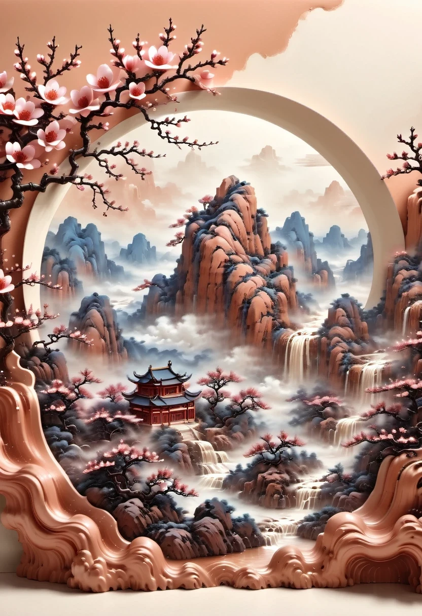 (masterpiece, high quality, best quality, official art, Beauty and Aesthetics: 1.2), milk tea cup, Surrounded by red rocks, splash spray, (Chinese landscape paper sculpture, Chinese Song Dynasty landscape painting: 1.2), (Surreal dream style), Creamy organic liquid, light tracing, environmental shielding, hazy, Natural light, limestone, gel resin sheet, OC rendering, (Peach blossom forest background: 1.4),