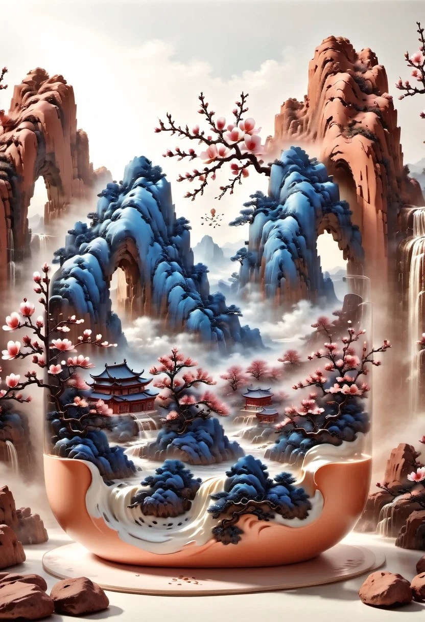 (masterpiece, high quality, best quality, official art, Beauty and Aesthetics: 1.2), milk tea cup, Surrounded by red rocks, splash spray, (Chinese landscape paper sculpture, Chinese Song Dynasty landscape painting: 1.2), (Surreal dream style), Creamy organic liquid, light tracing, environmental shielding, hazy, Natural light, limestone, gel resin sheet, OC rendering, (Peach blossom forest background: 1.4),