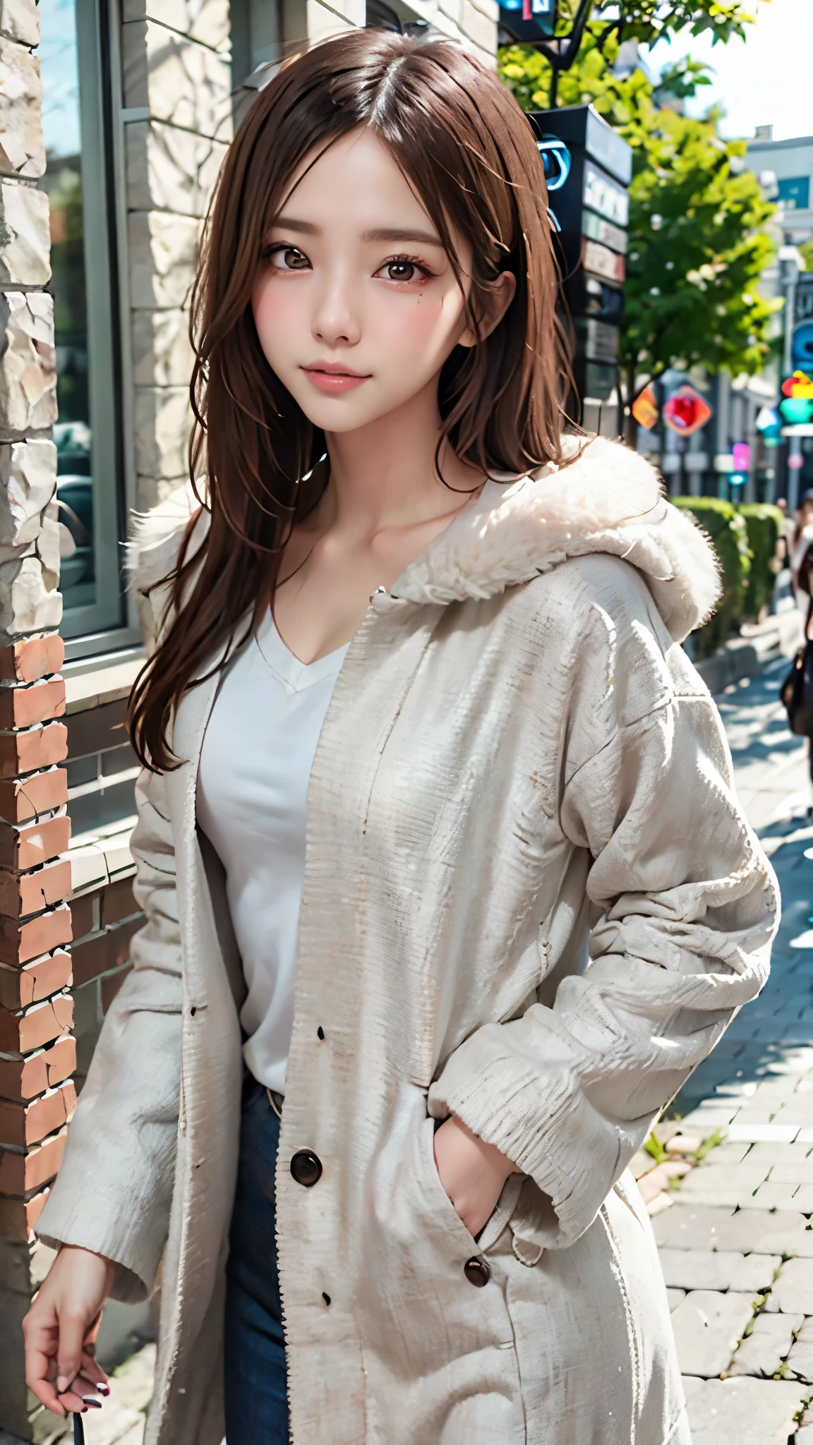1 beautiful young girl, Super beautiful detailed face, smile shyly, (Slender body:1.2), (black glittery metallic super stylish dress, Long coat with fluffy white fur), dark brown hair, semi-long hair, (Fine face:1.2), conceptual art, High quality, Realistic, extremely detailed CG unified 8k wallpaper, highly detailed, High-definition raw color photos, professional photography, Realistic portrait, Cinematic Light, Beautiful detailed, Super Detail, high details, (((Bokeh))), depth of fields, illumination, Neon Street, Super stylish lighting, (Beautiful small breasts:1.2)
