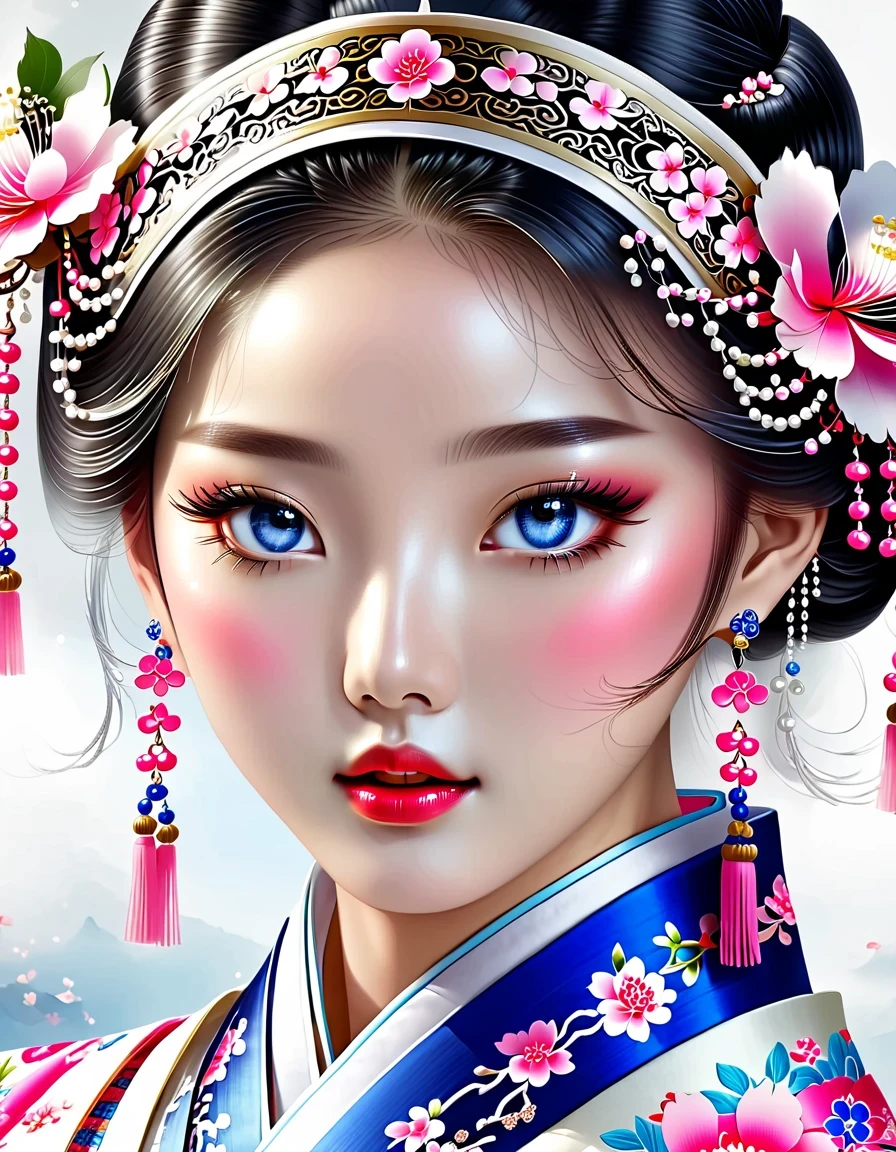 The flying veil covers the beautiful face of the Chinese girl, Pearl earrings, long eyelashes and pink lips, face close-up, clean face, round chin, blue eyes, Blue embroidered hanbok, White background.
illustration, 3d rendering, Bright colors and exquisite details, as illustration poster, 2D game art style, Color proofing, HD, 32k ,Genji