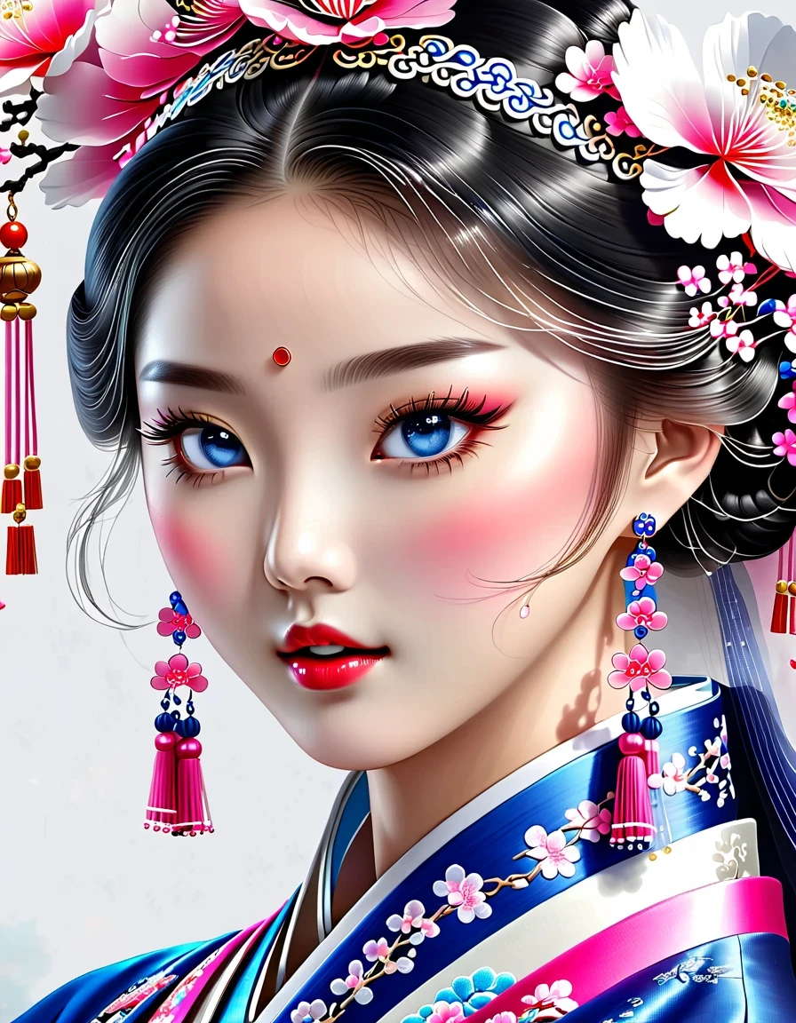The flying veil covers the beautiful face of the Chinese girl, Pearl earrings, long eyelashes and pink lips, face close-up, clean face, round chin, blue eyes, Blue embroidered hanbok, White background.
illustration, 3d rendering, Bright colors and exquisite details, as illustration poster, 2D game art style, Color proofing, HD, 32k ,Genji