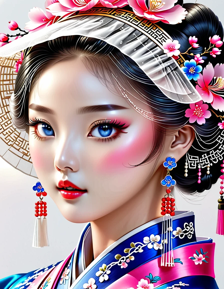 The flying veil covers the beautiful face of the Chinese girl, Pearl earrings, long eyelashes and pink lips, face close-up, clean face, round chin, blue eyes, Blue embroidered hanbok, White background.
illustration, 3d rendering, Bright colors and exquisite details, as illustration poster, 2D game art style, Color proofing, HD, 32k ,Genji