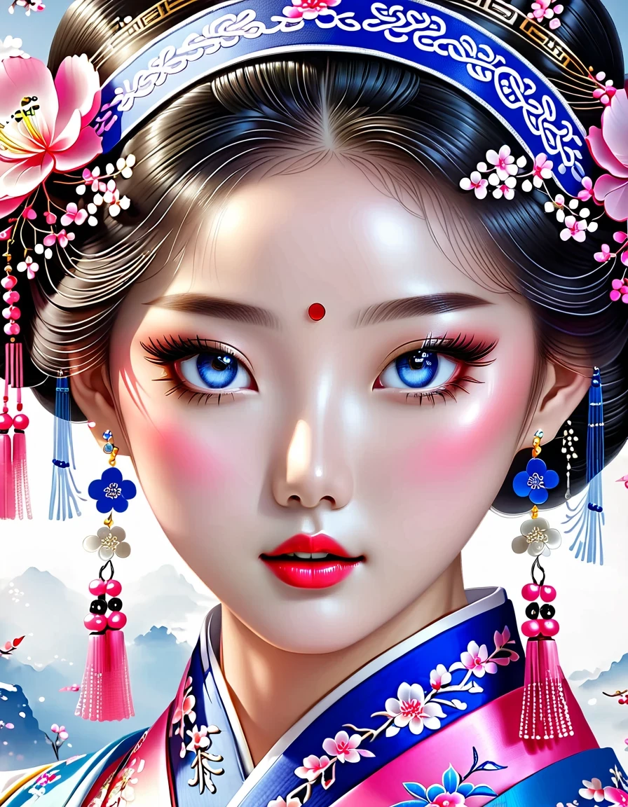The flying veil covers the beautiful face of the Chinese girl, Pearl earrings, long eyelashes and pink lips, face close-up, clean face, round chin, blue eyes, Blue embroidered hanbok, White background.
illustration, 3d rendering, Bright colors and exquisite details, as illustration poster, 2D game art style, Color proofing, HD, 32k ,Genji