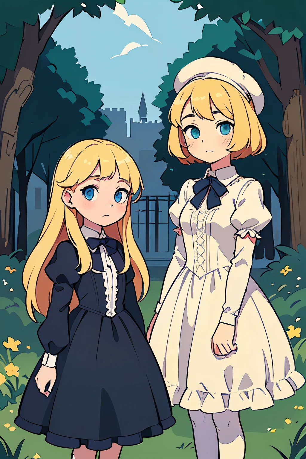 two girls, (Virginia Otis, 15 years old (blond hair, blue eyes)) pose with (16 years old Georgie Gerald (blond hair, green eyes)). Victorian style. thin, cute face, walks at night in Canterville Castle (inspired by the novel The Canterville Ghost). aged 1887, Victorian fantasy