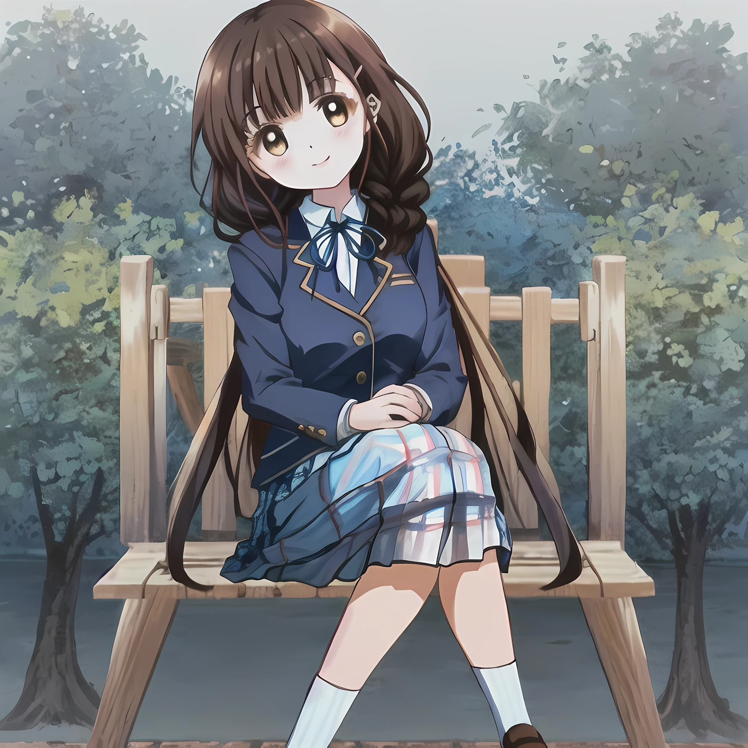 highest quality, (masterpiece:1.2), very detailed, A girl sitting looks at the viewer and smiles, Glossy lips that make you want to kiss, nice smile, big brown eyes, (((dark brown hair))), 15 years old, long braids, big shiny hair clip, school uniform, ((Light dark blue blazer with golden emblem on the left chest)), ((Big red school ribbon on the chest)), very shiny hair、laughter、bright look、Both face and hair catch the light and shine, The corners of the eyes are drooping, Cute braids, The expression of a maiden in love, (((twin braid hairstyle))), ((((Dark blue and navy tartan check mid-length skirt)))), A gentle and cute expression staring at the viewer, double eyelid, ((long eyelashes)), pure white background, round face, the skirt is very cute, brown leather shoes