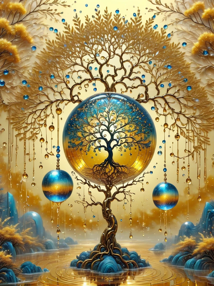（best quality，4k，masterpiece：1.2），super detailed，lifelike:1.37，beautiful symmetrical photos，Apply with thick brush strokes and wet paint, Proportions of gold, melted wax |, visible strokes, surrounded by crystal ball, Mosaic wireframe 3d, neuroimaging, Neurons, The Tree of Life, rape, like, enthusiasm, oil painting on canvas, thick strokes, Very detailed, 8K Ultra HD, masterpiece, art station, surreal