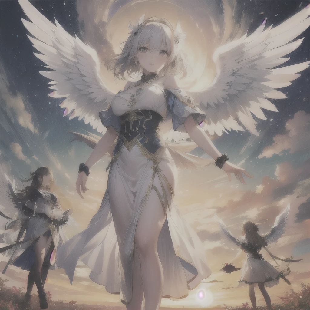 Angel comes、Angels descending from the sky、big wings、goddess、Beautiful woman、white wings、Wide sky、sunrise、early morning、moving、dynamic