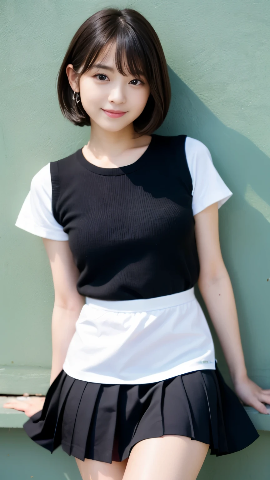 Best-quality, Masterpiece, Ultra-High-Resolution, (Photorealistic:1.4), Raw-Photo, 1girl, the most famous Japanese idol, wearing tennis-wear with cute-design and pleated miniskirt, (extremely cute face, ((extremely beautiful big-black-eyes)), extremely beautiful black-short-cut-haired), extremely beautiful skins, extremely beautiful thighs, twinkle-smile, dynamic-pose