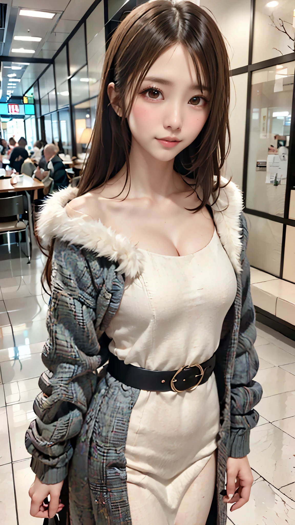 1 beautiful young girl, Super beautiful detailed face, smile shyly, (Slender body:1.2), (black glittery metallic super stylish dress, Long coat with fluffy white fur), dark brown hair, semi-long hair, (Fine face:1.2), conceptual art, High quality, Realistic, extremely detailed CG unified 8k wallpaper, highly detailed, High-definition raw color photos, professional photography, Realistic portrait, Cinematic Light, Beautiful detailed, Super Detail, high details, (((Bokeh))), depth of fields, illumination, Neon Street, Super stylish lighting, (Beautiful small breasts:1.2)