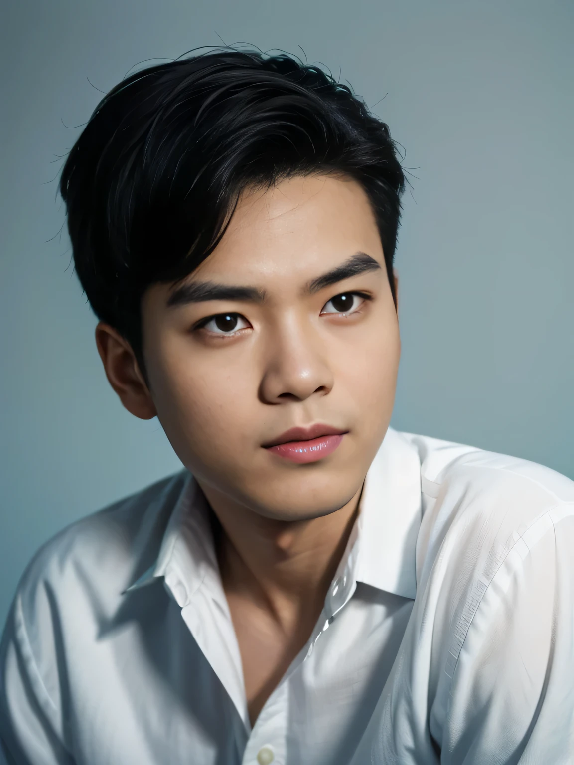 Highly realistic photo, ((masterpiece), (best quality), (raw photo), (photorealistic:1.4), Portrait of Vietnamese man, 19 years old, ((black hair)), ((white shirt)), ((light blue background)), photo taken by Sony A7IV