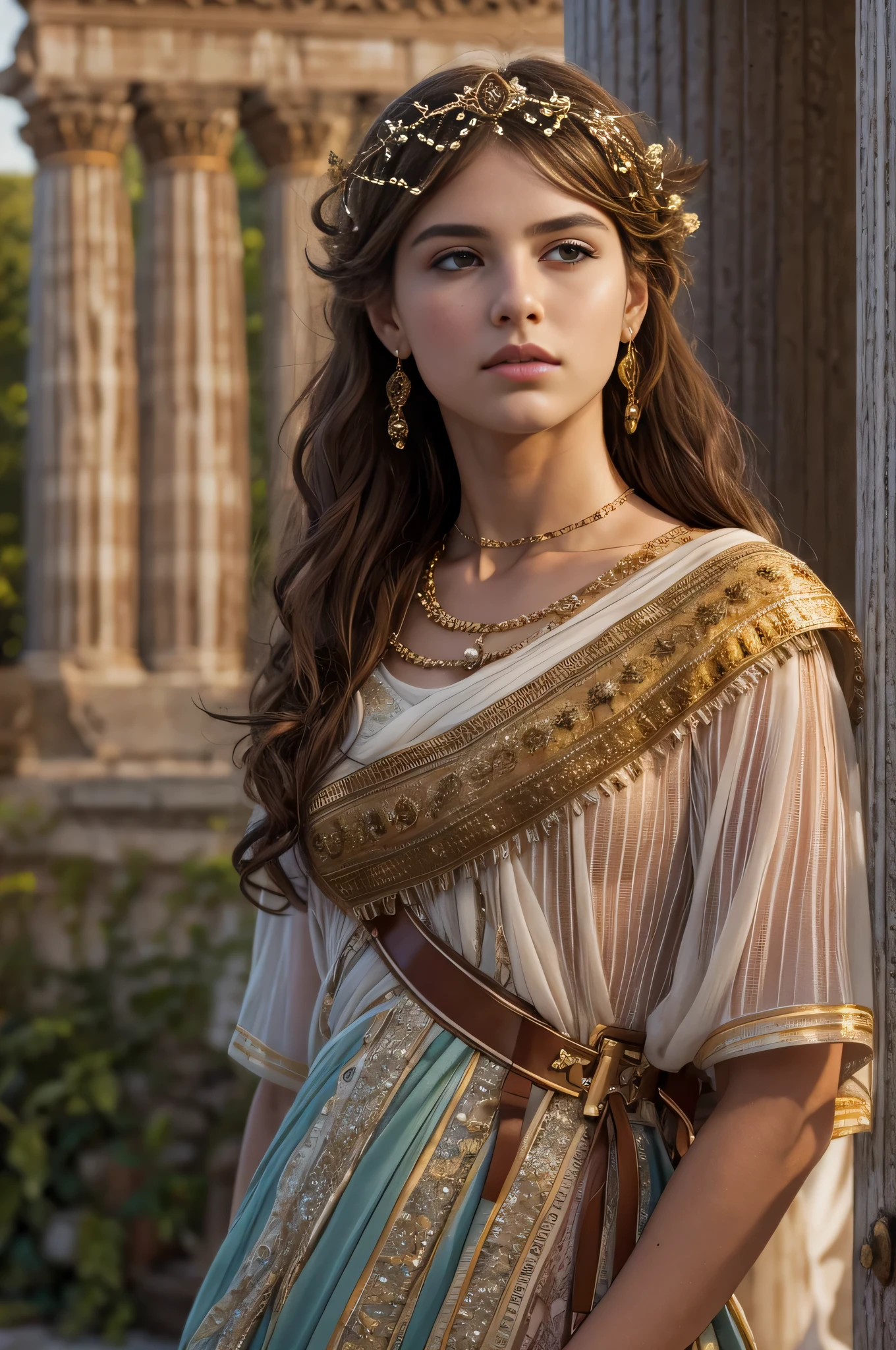 Masterpiece, 1 girl, solo, Imagine a Roman wedding in Ancient Rome, 83 BC, where the strikingly beautiful and noble Cornelia, a 14 years old roman noble girl, (slim body, light brown hair, hazel eyes, ultra detailed noble yet seductive face), is united in mariage to he young and ambitious Julius Caesar, aged 17. Cornelia, a 14 years old roman noble girl is radiant in her elegance and embodies the ideal of Roman femininity, her youthful beauty enhanced by the luxurious fabrics and sophisticated ancient roman style wedding garments, (roman clothings from the 1st century BC:1.2), 16K, ultra high res.photorealistic, UHD, RAW