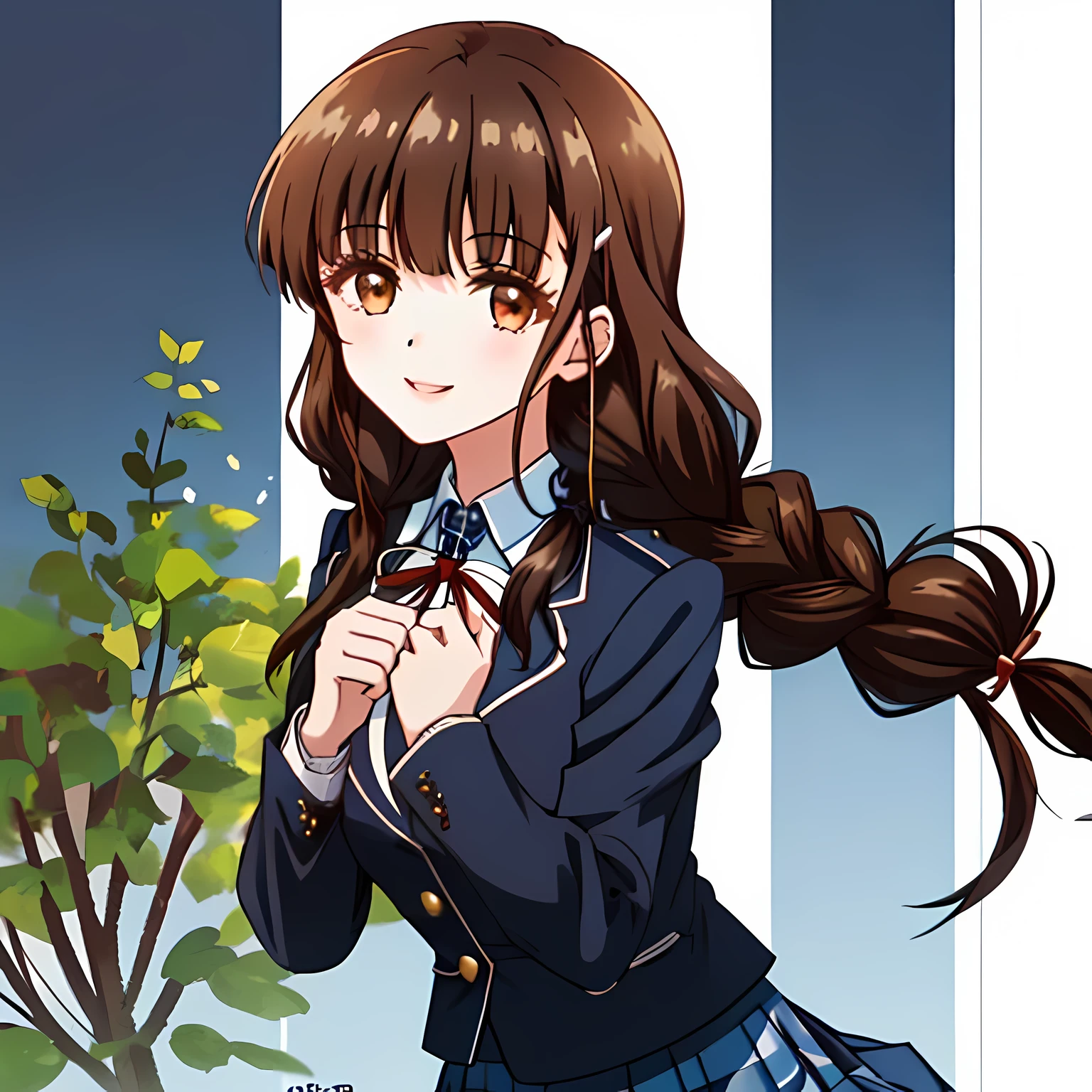 highest quality, (masterpiece:1.2), very detailed, One girl looks at the viewer and smiles, Glossy lips that make you want to kiss, nice smile, brown eyes, (((dark brown hair))), 15 years old, long braids, big shiny hair clip, school uniform, Luxurious black blazer with a golden patch on the left chest, ((big red ribbon on the chest)), very shiny hair、laughter、bright look、Both face and hair catch the light and shine, The corners of the eyes are drooping, Cute braids, The expression of a maiden in love, (((twin braid hairstyle))), ((((School dark navy color check skirt)))), A gentle and cute expression staring at the viewer, double eyelid, ((long eyelashes)), pure white background