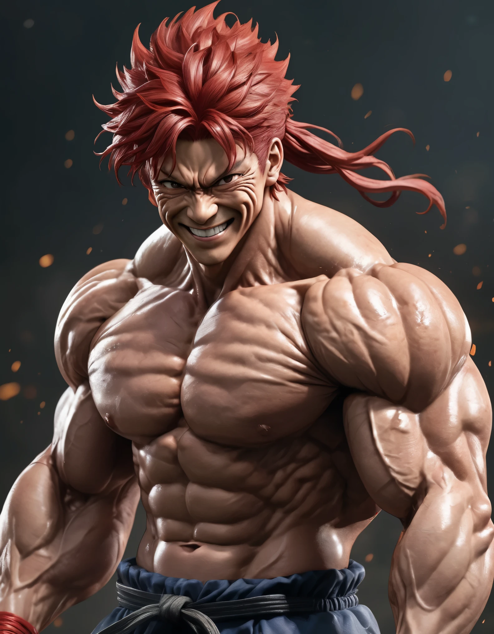 "(best quality,8K,ultra-detailed,realistic:1.2),portrait,Yujiro Hanma,serene smile,detailed red hair,muscular body,tough expression,intimidating presence,powerful stance,showcasing his immense strength"