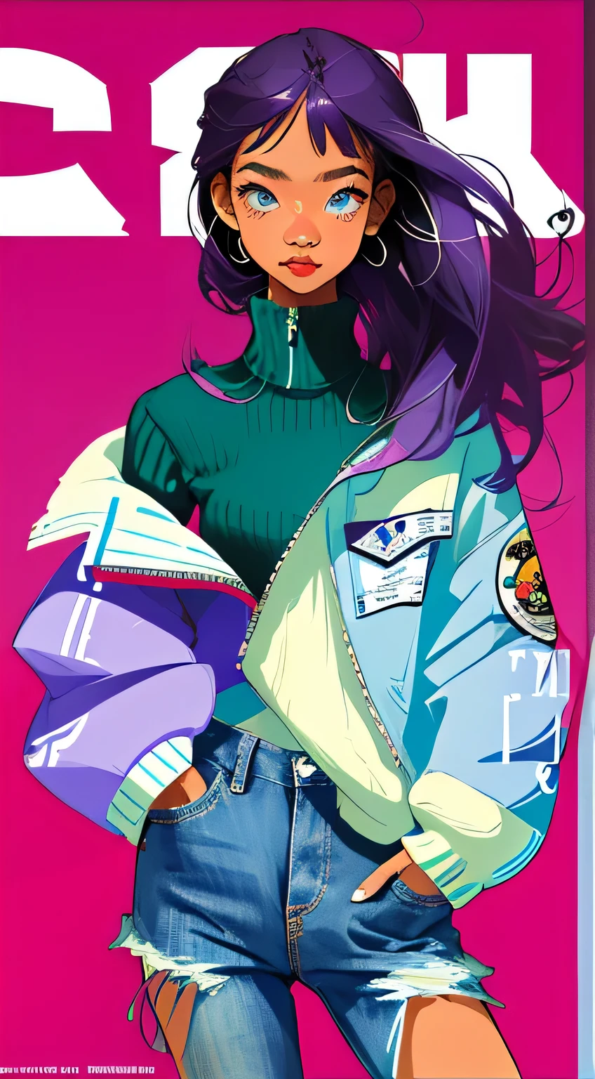 Fashion Magazine Cover, 3 beautiful girl models wearing purple clothes, cool color, Illustrations inspired by pop art style, Minimalism, description of daily life, normative core, casual, Fashion, bold,