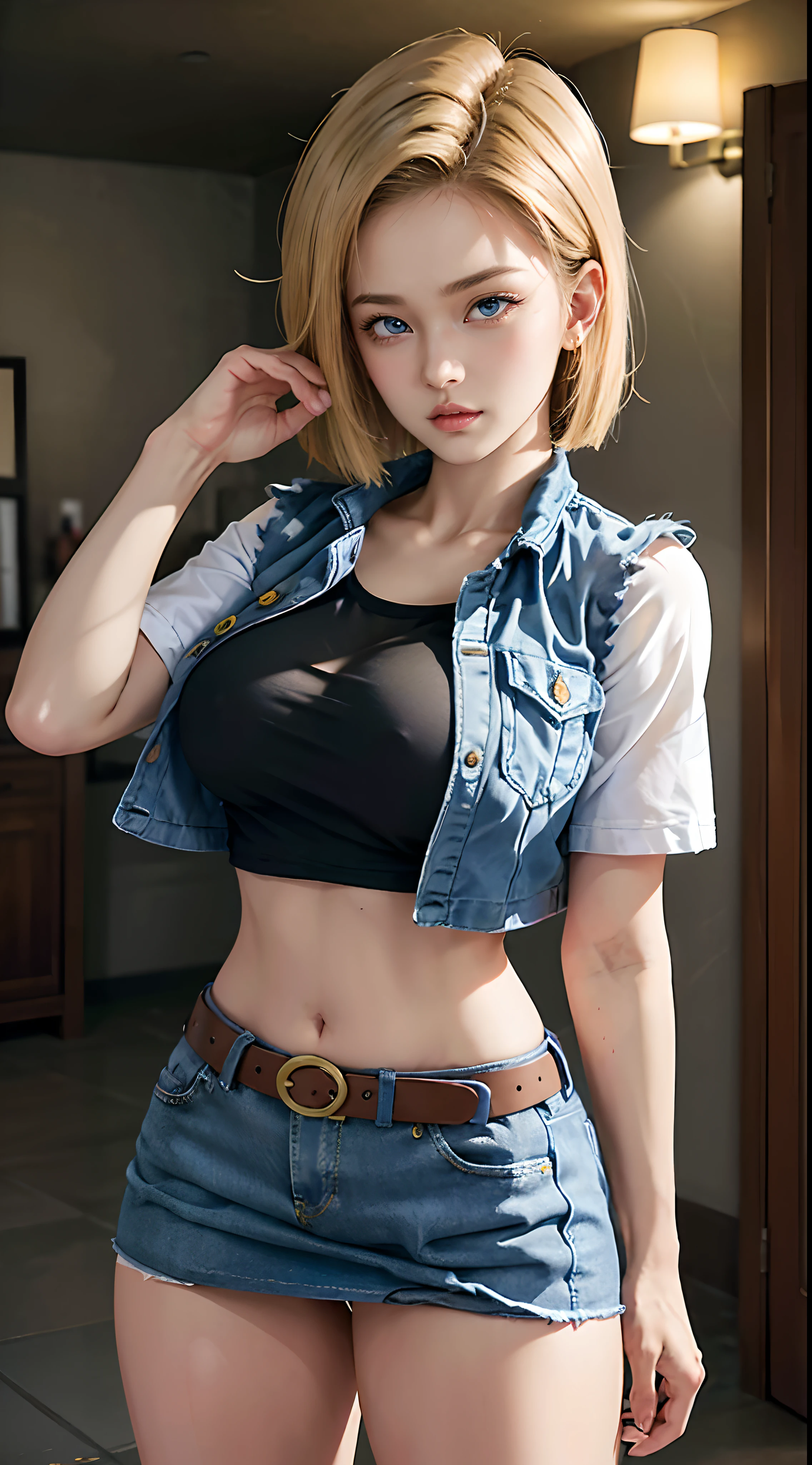 Highly detailed images, UHD, 16k, professional photos, (Realistic photo of Android-18 from Dragon Ball Z.) , goddess of beauty, Very short, straight blonde hair., Serious facial expression, ((She wore a blue jean jacket and a white cropped shirt., Short white underground, exposing the breast meat.)), Erotic, An open denim jacket reveals her impression., Beautiful and perfect big breasts, Naturally sagging breasts, ((tits, ultra giant pointed long breasts stictong out of the jacket)) full chest, body big stonny, curve, Perth is, She wears a belt and a (((blue denim stort raised she doesn't wear panties, pussy showing, pubic hair showing))), brown boots, Perfect hands and fingers,
Android 18, sexy saiyan girl, She released her power., to, official art, Android-18 sexy woman, official artของตัวละคร, sexy heroine, ร่างกายcurve, Thin and compact, open legs, was revealed, micro thong threaded into her pussy:8, Atori Toriyama, director: Atora Toriyama, Bulma from Dragon Ball, Best Anime Character Designs, Style Atora Toriyama, Unique and beautiful characters, semi-naked, (wonderful light) (pussy, Porn, pubic hair)