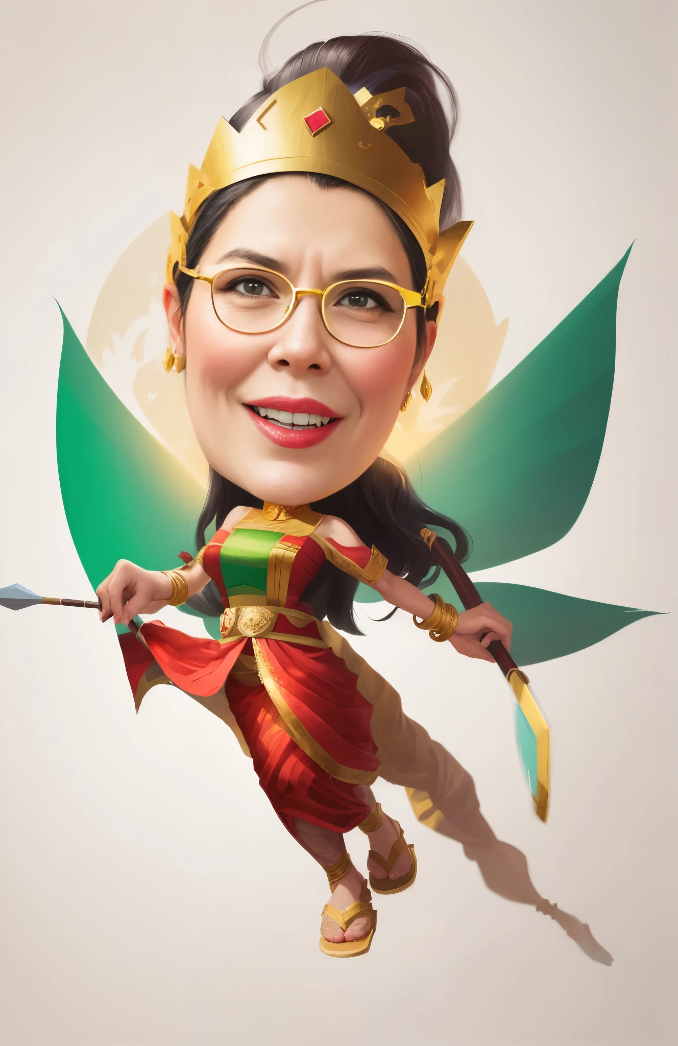 portrait of a woman, wearing srikandi costume, flying with a bow and arrow, wearing a gold crown on her head, a character from Javanese wayang, unleashing her powers, superhero, caricature illustration, in cartoon style, caricature style, portrait, realistic cartoon, cartoon art, an Indonesian portrait, caricature, digital art cartoon, portrait, cartoon art style