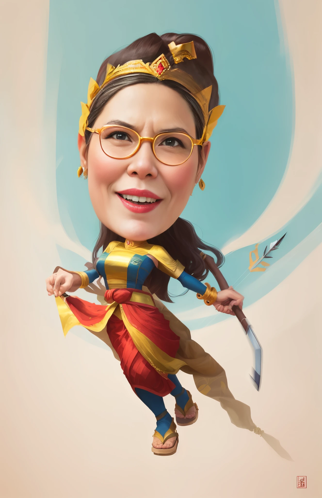 portrait of a woman, wearing srikandi costume, flying with a bow and arrow, wearing a crown on her head, a character from Javanese wayang, unleashing her powers, superhero, caricature illustration, in cartoon style, caricature style, portrait, realistic cartoon, cartoon art, an Indonesian portrait, caricature, digital art cartoon, portrait, cartoon art style 