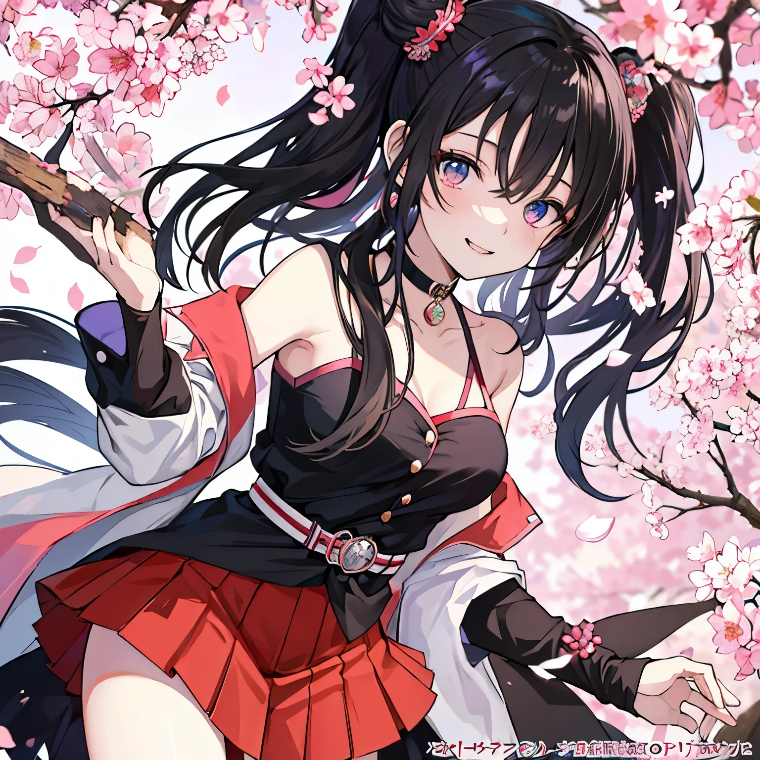 Obata Yui's manga cover showcases the captivating image of a young woman, with a solo appearance and a mesmerizing smile. She is dressed in a vibrant and stylish outfit, with a blouse and a skirt, accessorized with a choker and a bracelet. Her long, wavy hair is tied up in a bun, with loose strands framing her face. Her eyes are wide and expressive, their color adding a pop of brilliance against her dark collarbone and neckline. The background is dynamic and full of life, depicting cherry blossoms in bloom, their petals falling gently around her. The magazine's title is bold and modern