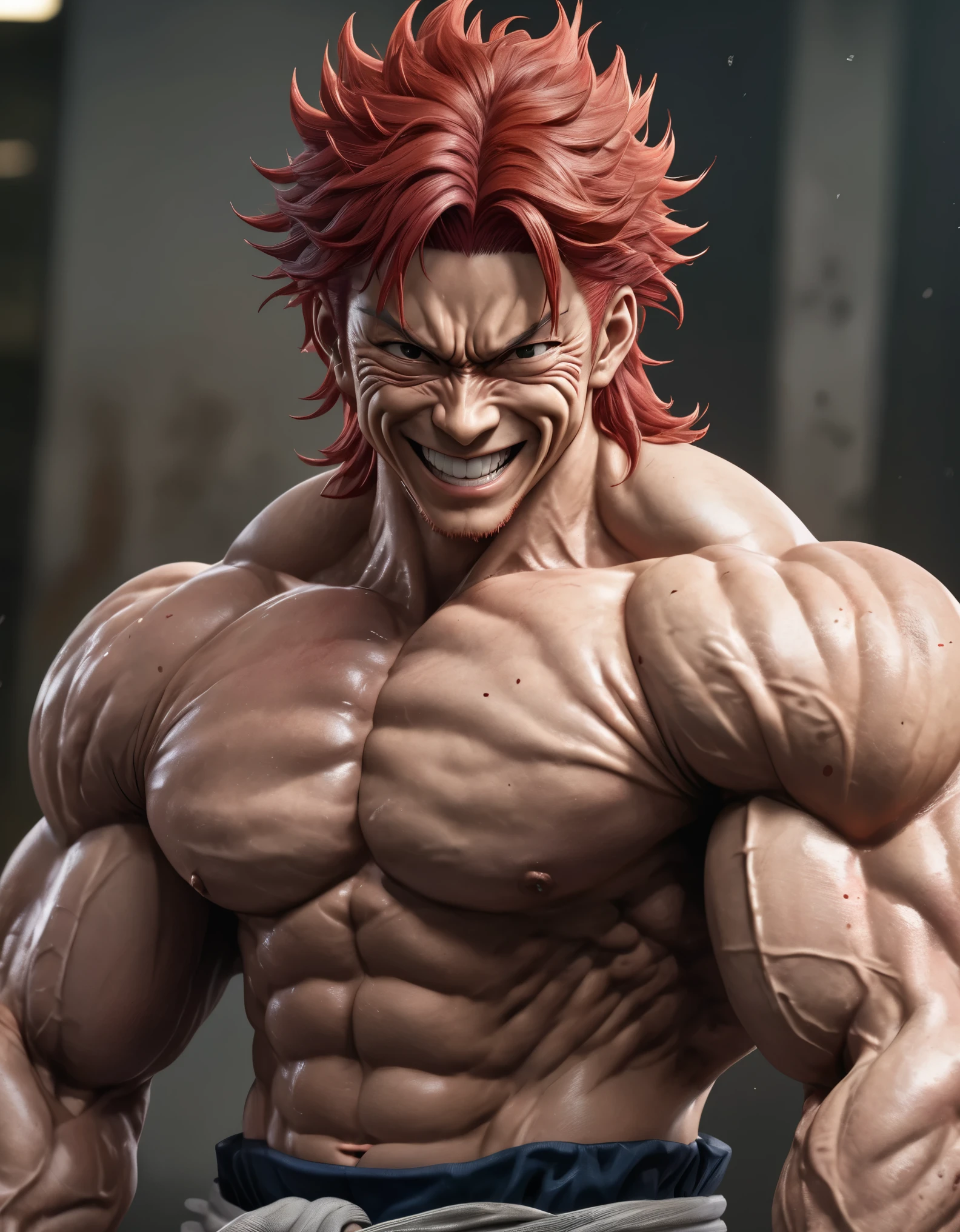 "(best quality,8K,ultra-detailed,realistic:1.2),portrait,Yujiro Hanma,serene smile,detailed red hair,muscular body,tough expression,intimidating presence,powerful stance,showcasing his immense strength"