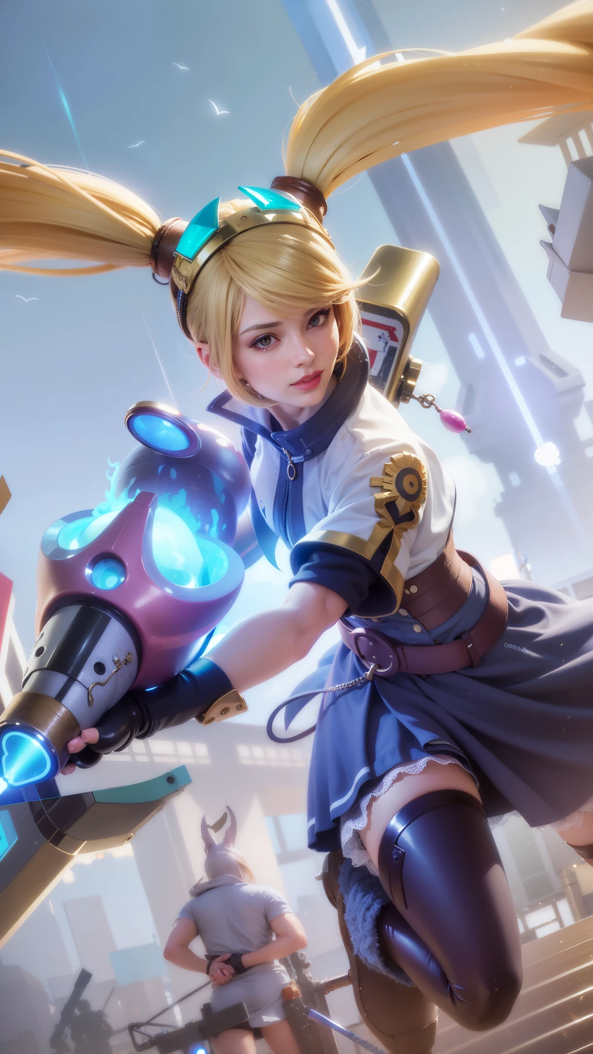(female:1.2), 8k, ultra hd, ultra detailed texture, hyper realistic, masterpiece, detailed texture, detailed face, detailed skin, detailed lighting, (photorealistic:1.5), best quality, beautiful lighting, cinematic lighting, professional lighting, ultra highres, realistic, detailed hair, real hair, high quality, (realskin:1.5), extremely detailed, finely detail, ultra-detailed, 1girl, close-up shot of a woman with a gun in her hand, smile, cute face, red lips glossy